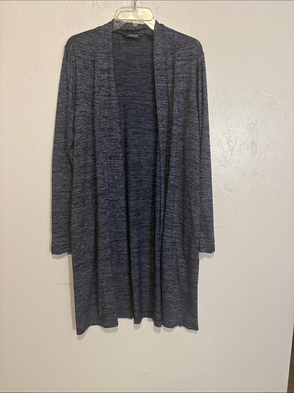 Lands' End Open-Front Heathered Navy-Gray Cardigan